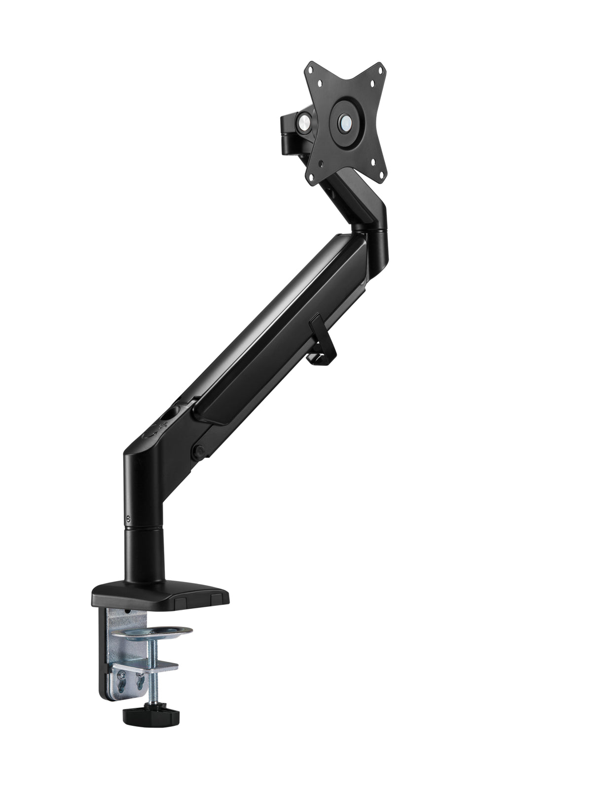 Black LCD monitor arm shown at an angle with the mounting plate raised