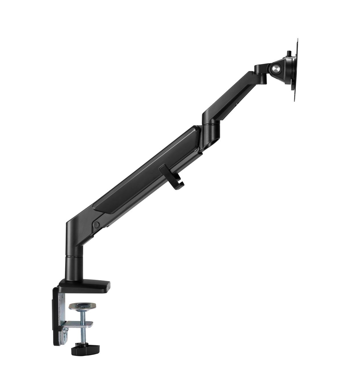 Black LCD monitor arm shown with its desk clamp fitted