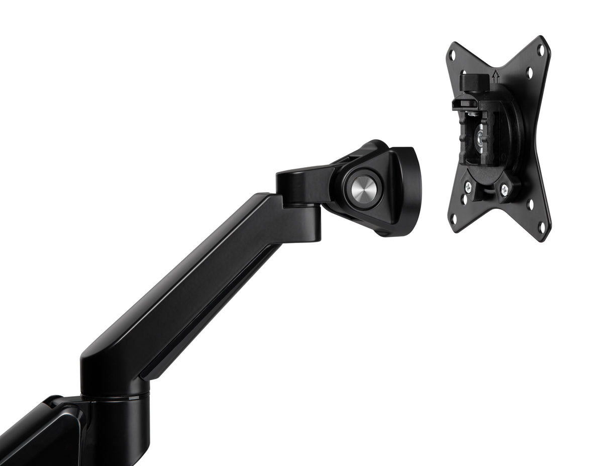 Black LCD monitor arm with the VESA plate tilted to show its movement