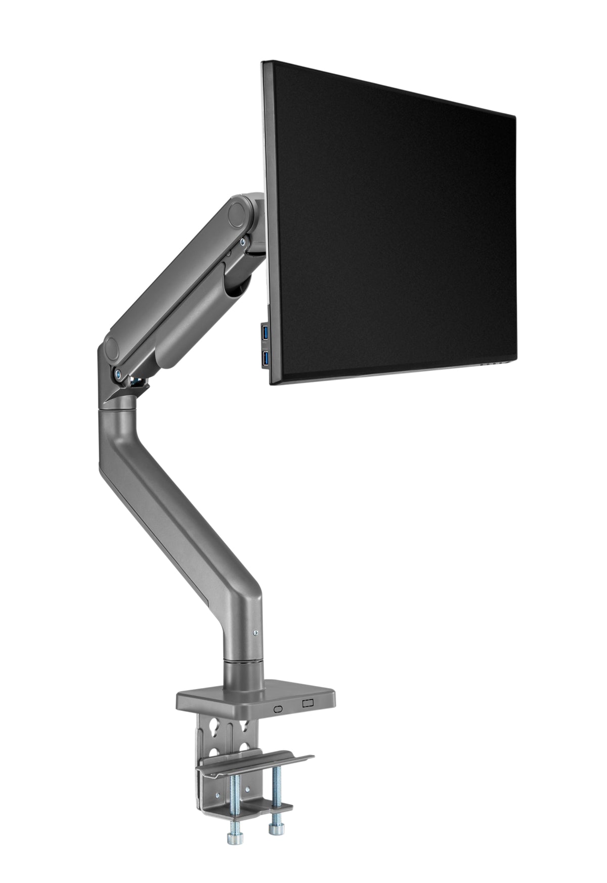 Monitor on a dark grey heavy duty arm, seen from the front