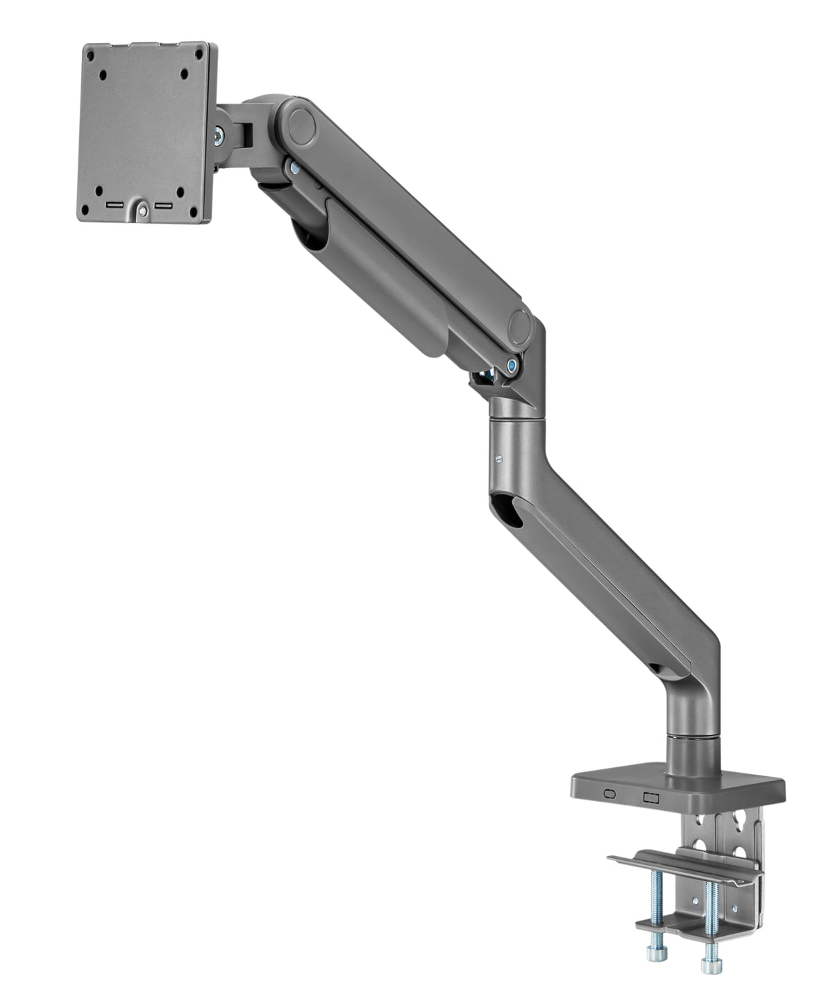 Heavy duty monitor arm in dark grey with desk clamp, shown without a monitor