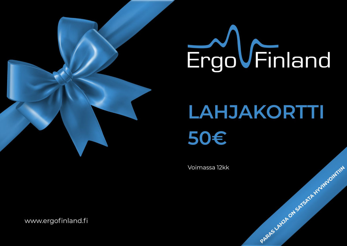 ErgoFinland gift card graphic with a blue ribbon and the value 50 euros