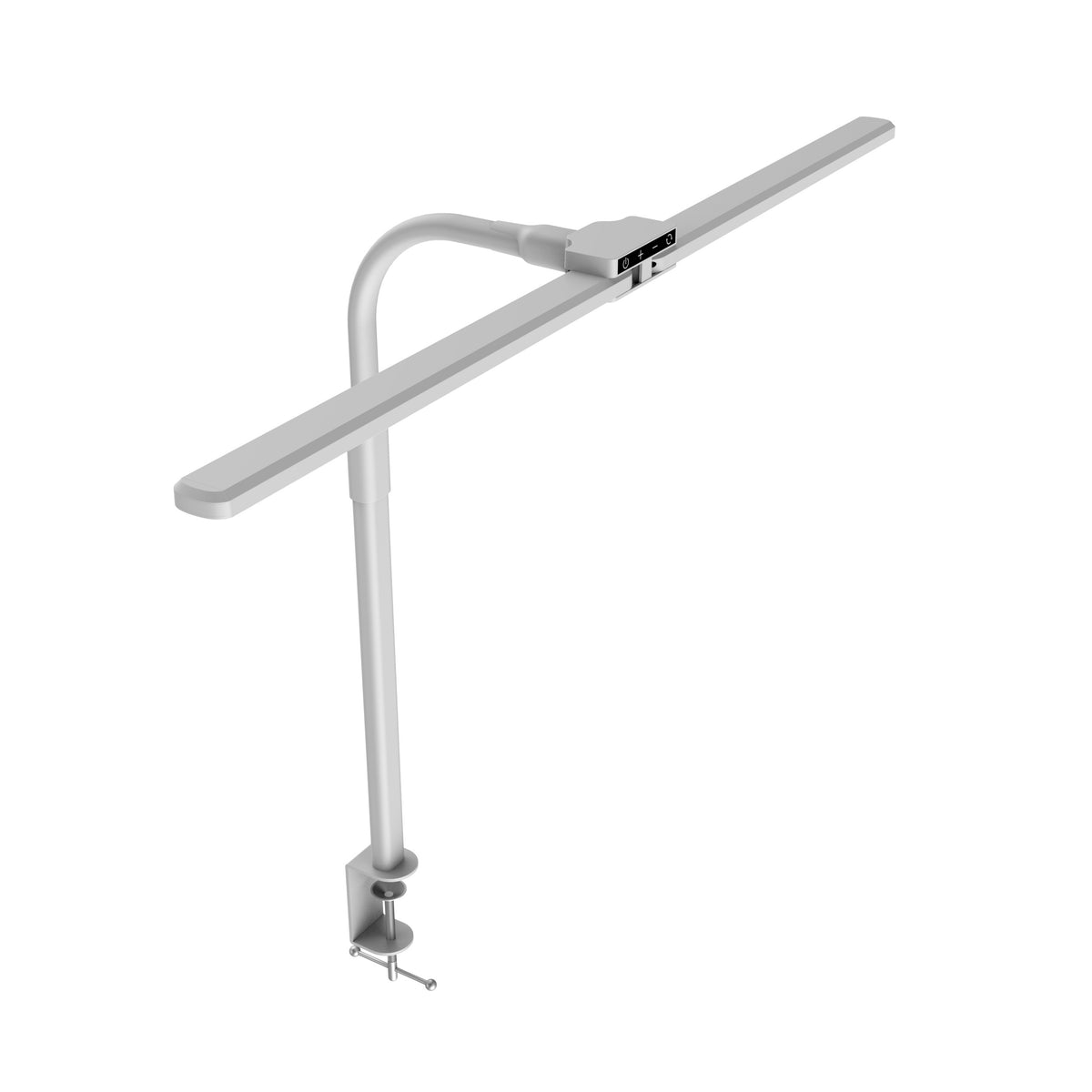 Close-up of the Duo LED desk lamp's white clamp mount and arm joint