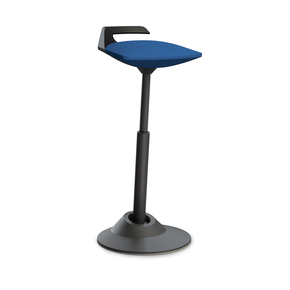 Muvman active standing stool with blue microfibre seat and tilting base