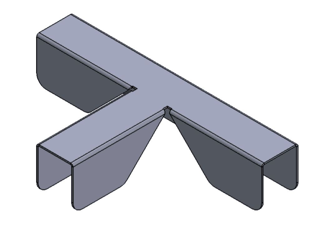 Three-dimensional drawing of a T-model floor screen connector in silver grey