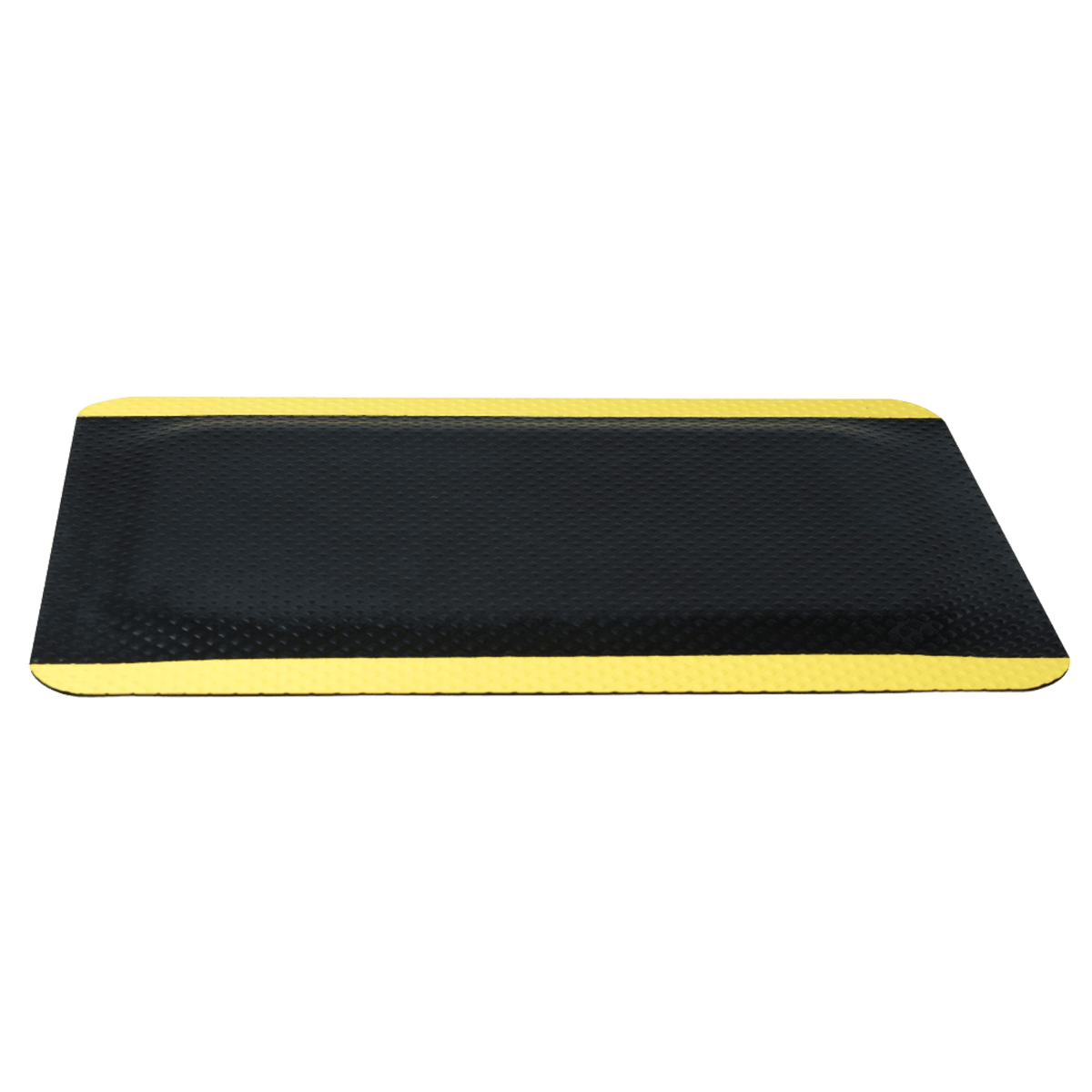 Industrial washable safety mat with yellow edges for ergonomic support in dry and damp environments.