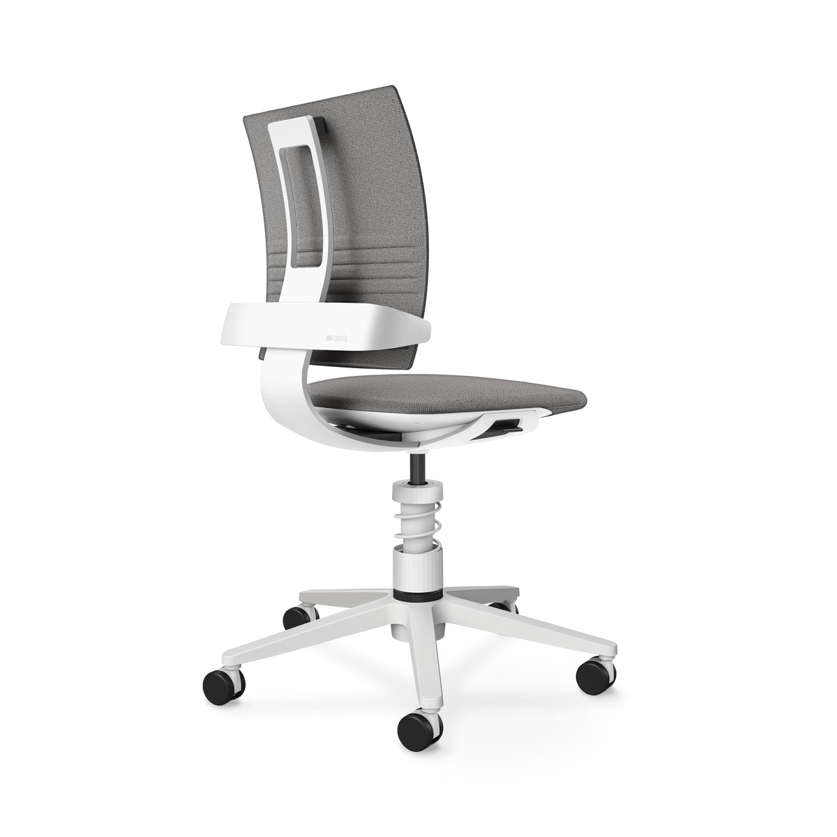3Dee active chair with white frame and grey seat and backrest on a five-star castor base
