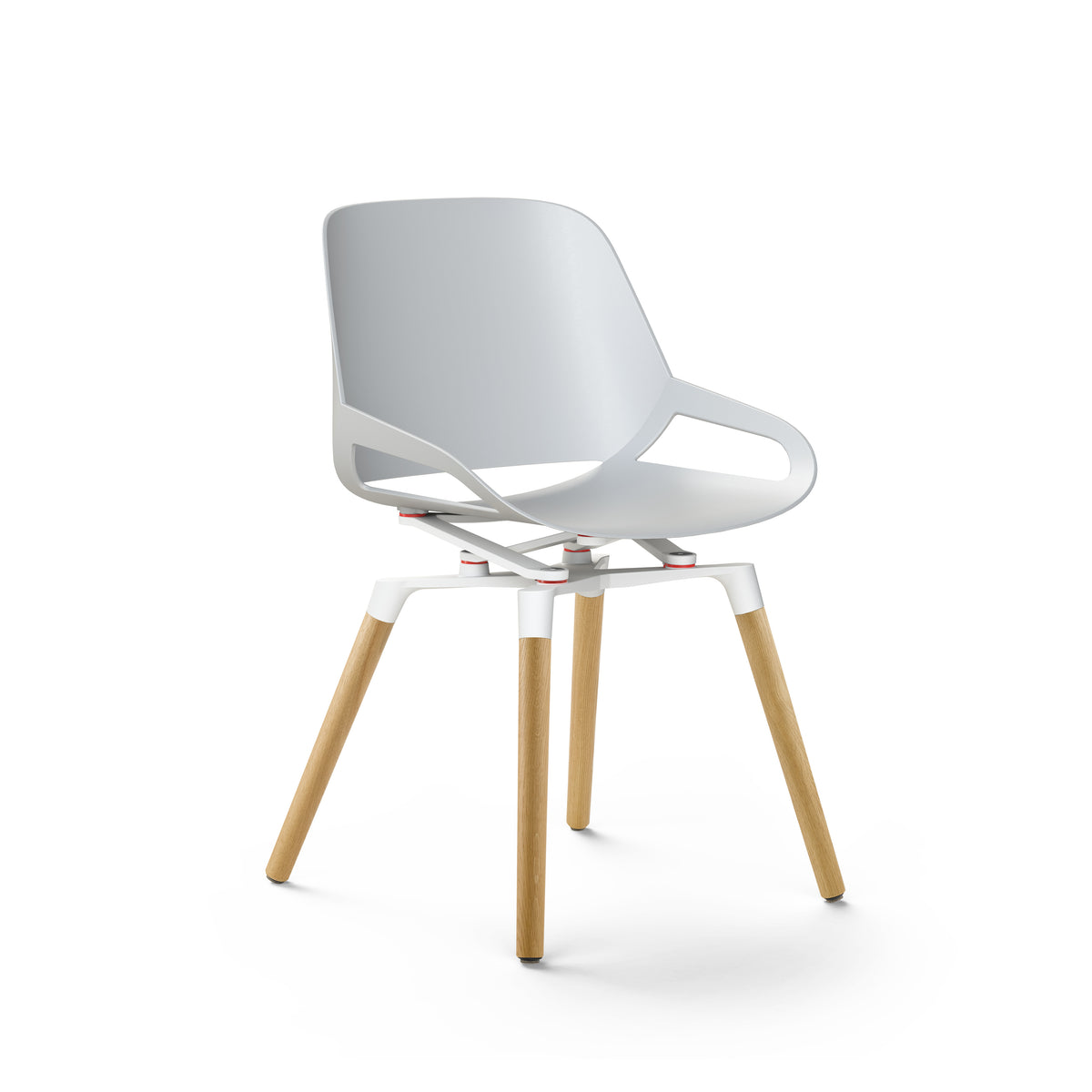 Numo active chair with white shell seat on four wooden legs
