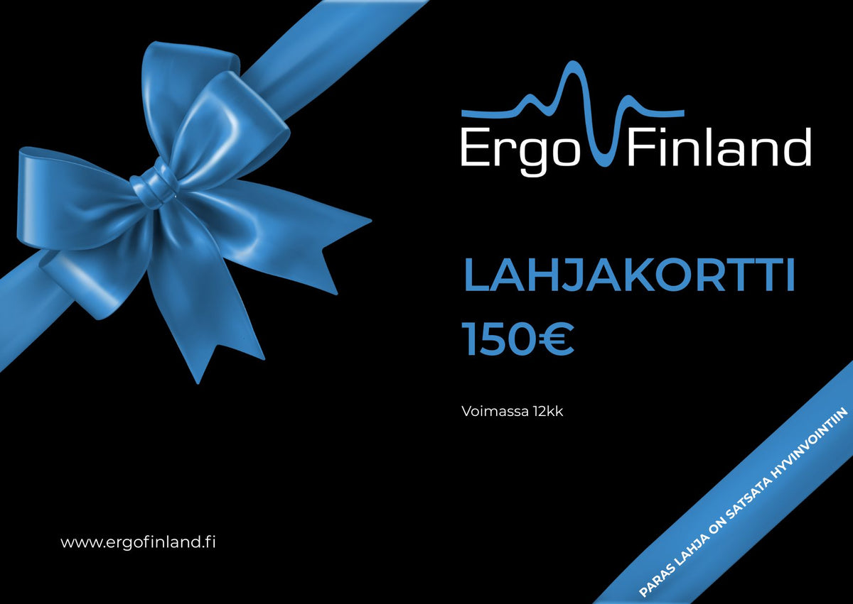 ErgoFinland gift card graphic with a blue ribbon and the value 150 euros