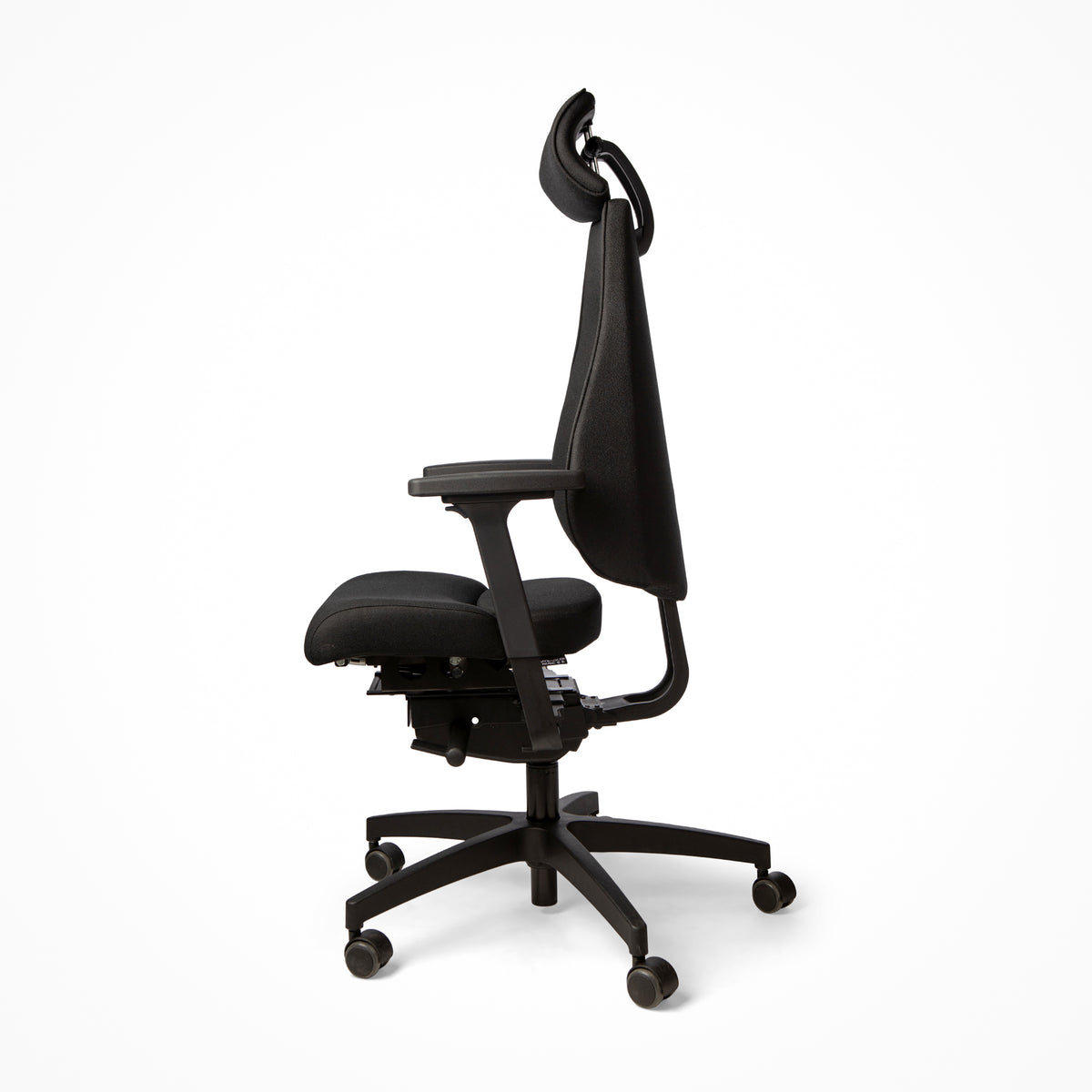 ErgoSitter office chair viewed from the side, showing the headrest and backrest