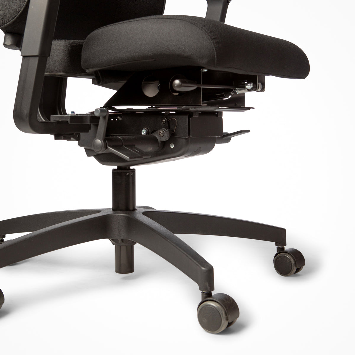 Detail of the ErgoSitter office chair seat mechanism and adjustment levers