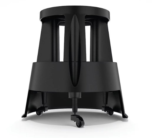 Black plastic step stool seen at an angle, showing the castors underneath