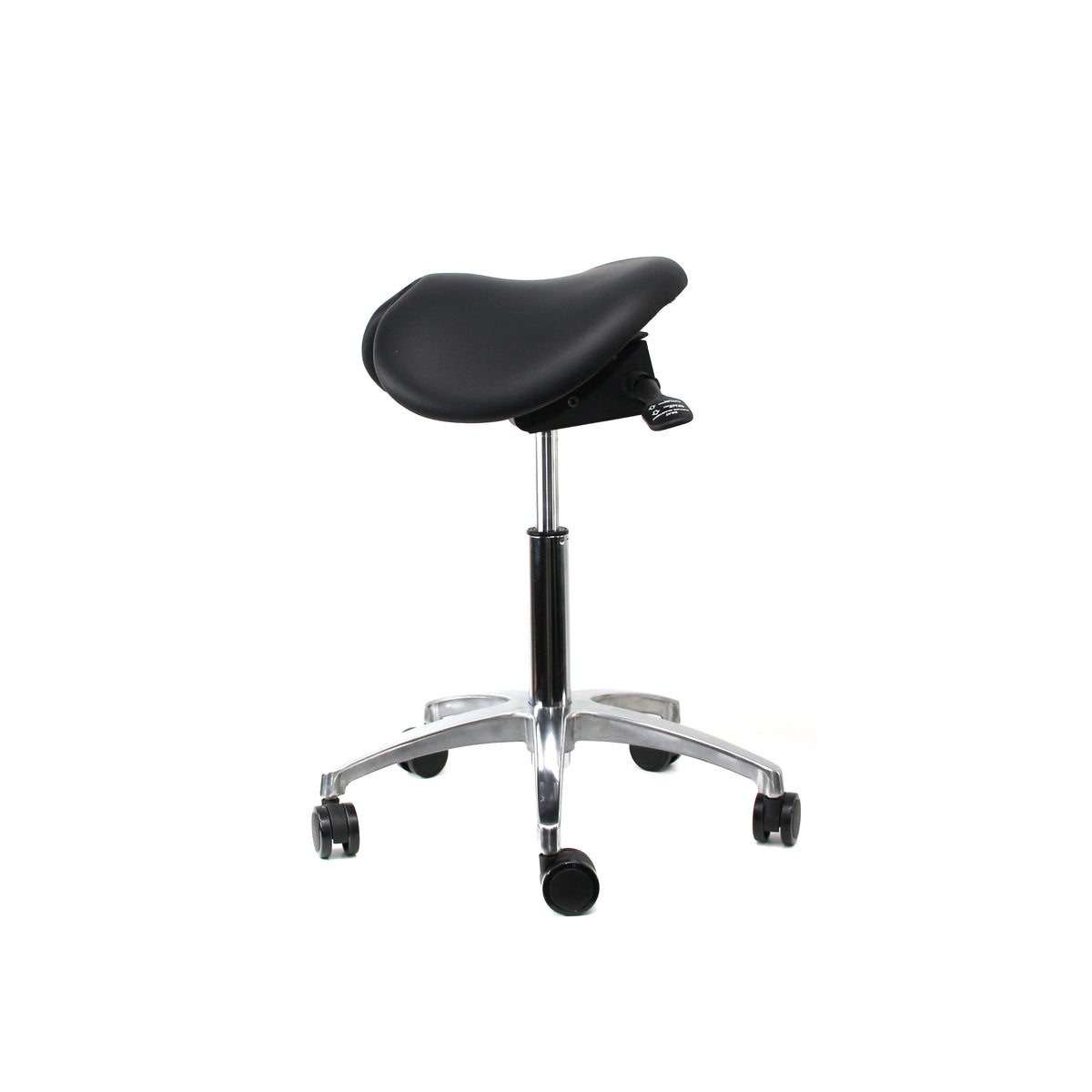 Sofia saddle chair viewed from the side, showing the contoured saddle seat