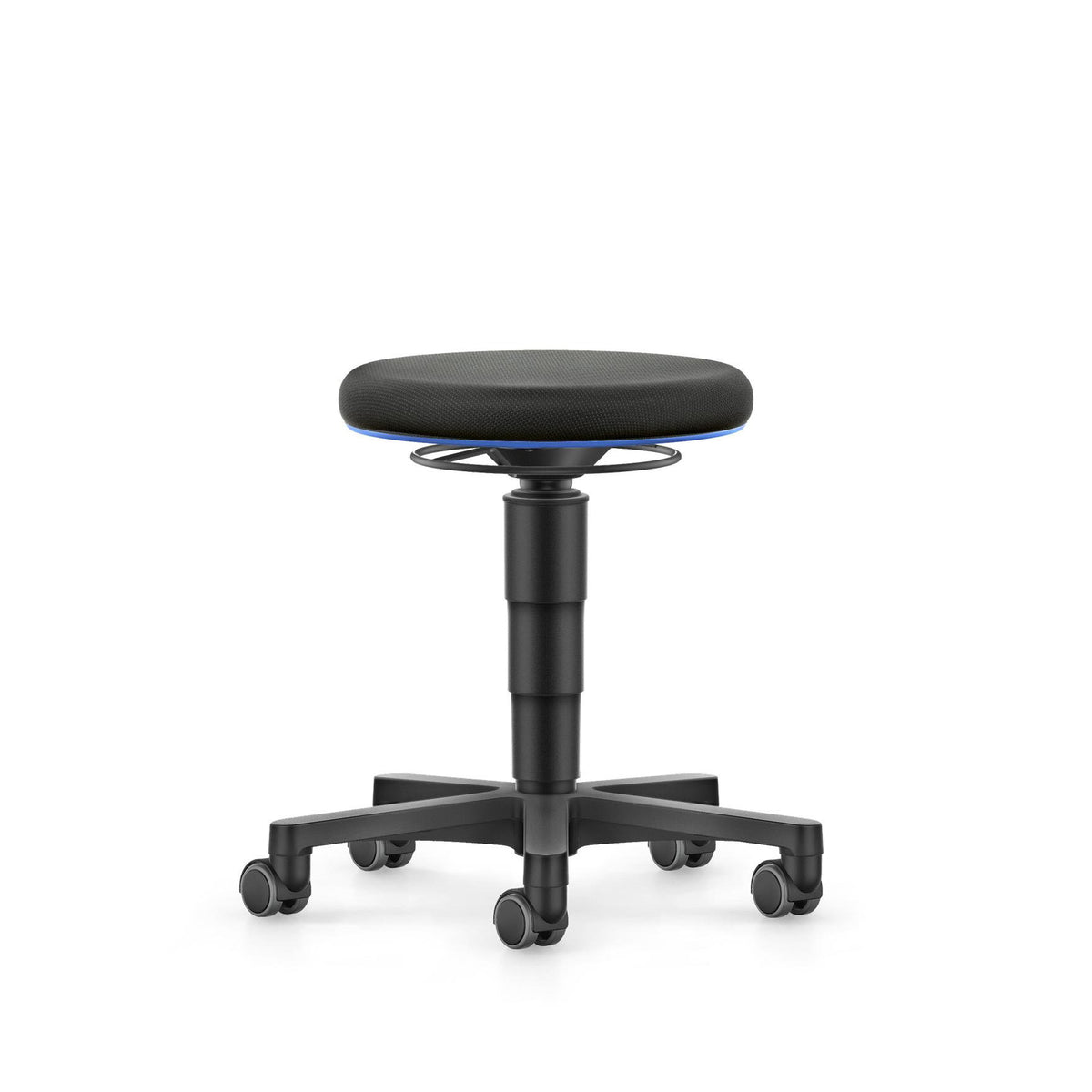 Round work stool with black fabric seat on a black five-star castor base