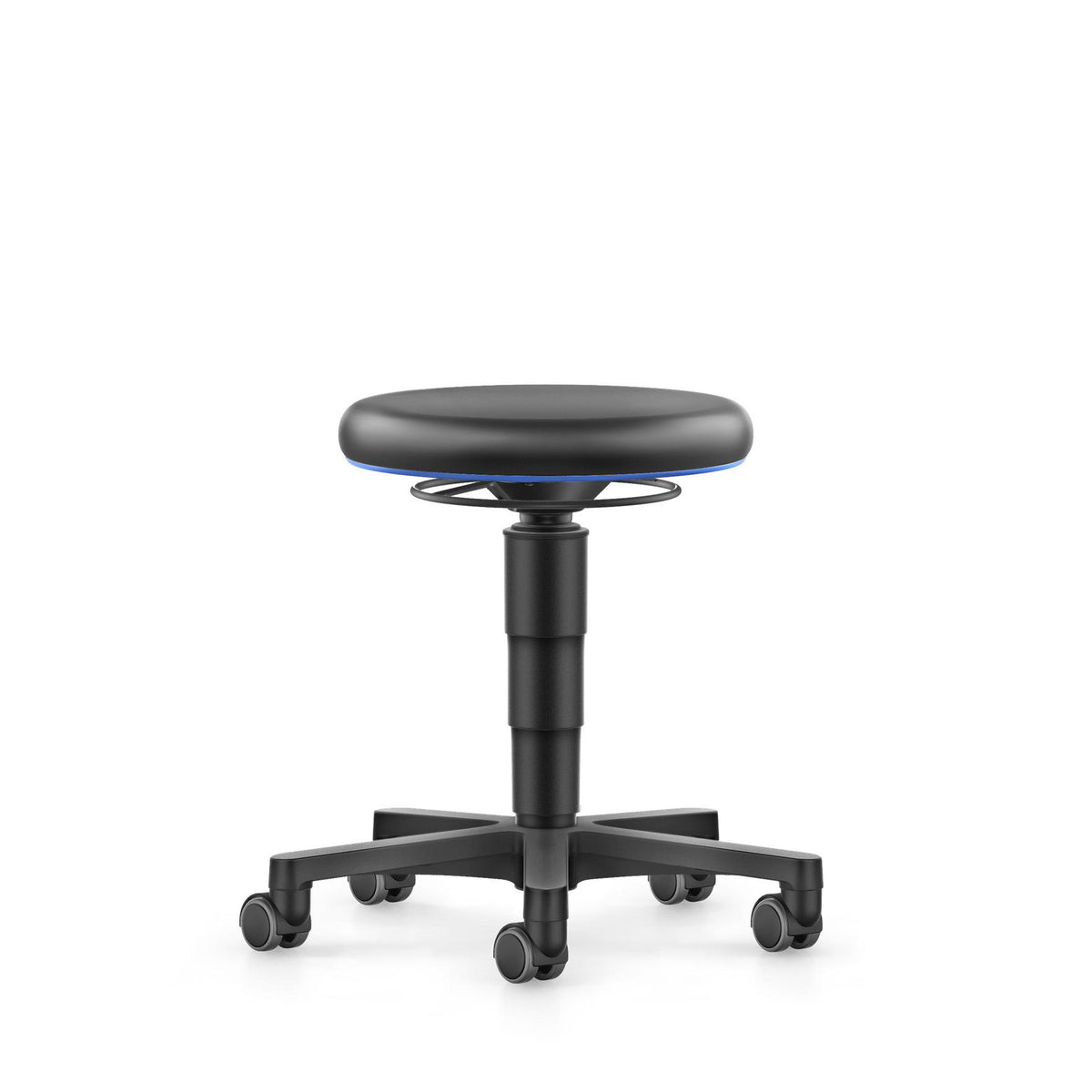 Round work stool with black artificial leather seat on a black castor base