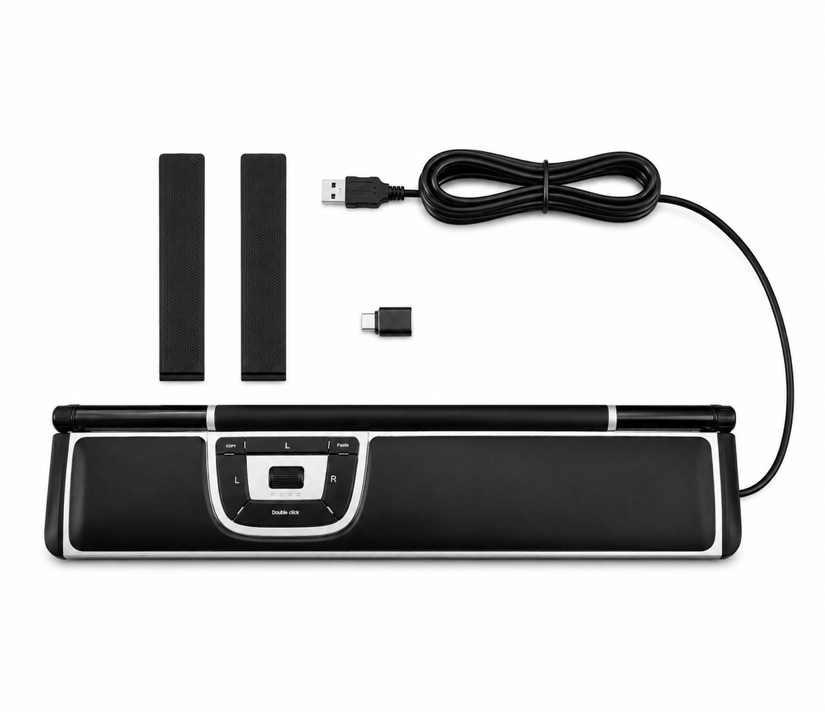 BarMouse 3.0 shown with two spare rollerbars and its USB cable