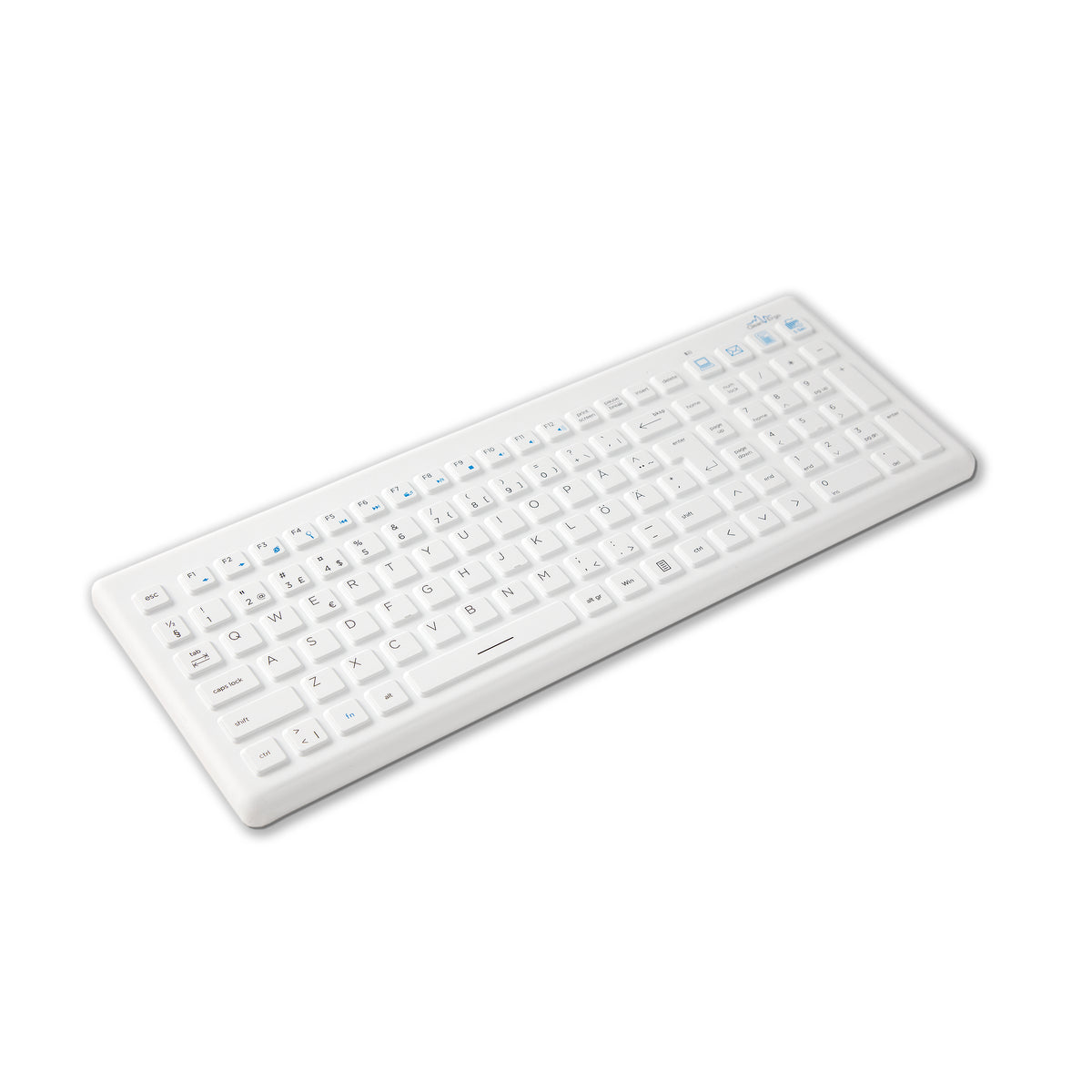 White medical keyboard with a wipe-clean surface, seen from above