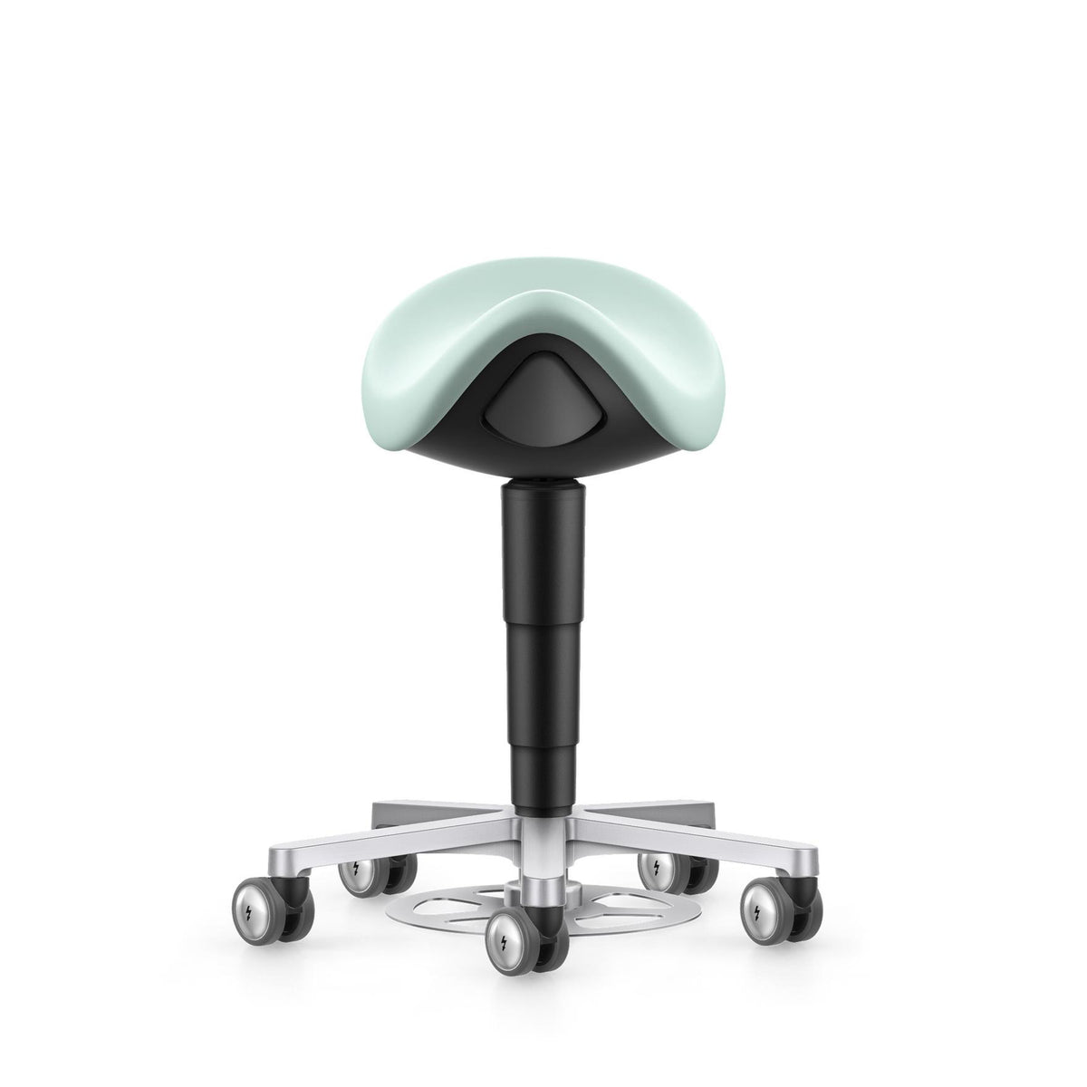 Laboratory saddle stool with mint green artificial leather seat and polished five-star base