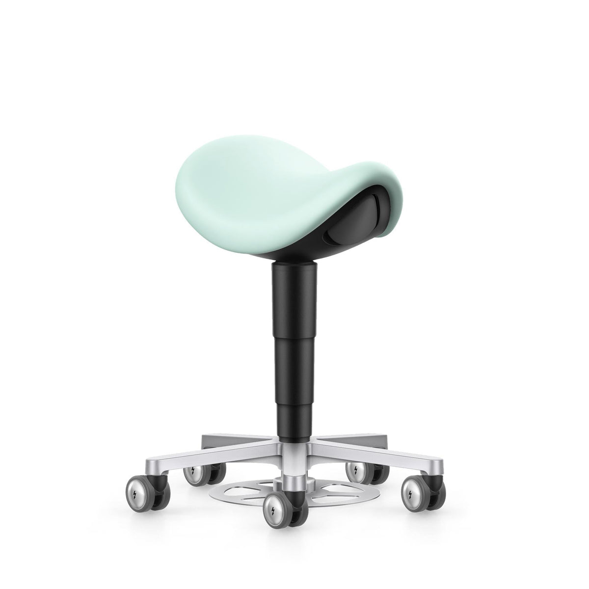 Mint green laboratory saddle stool with foot control, seen from the side