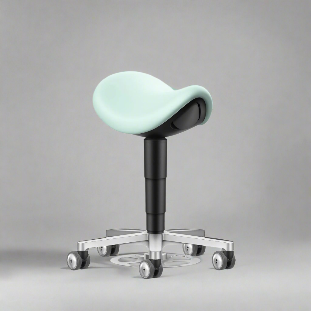 Mint green laboratory saddle stool viewed at an angle against a grey background
