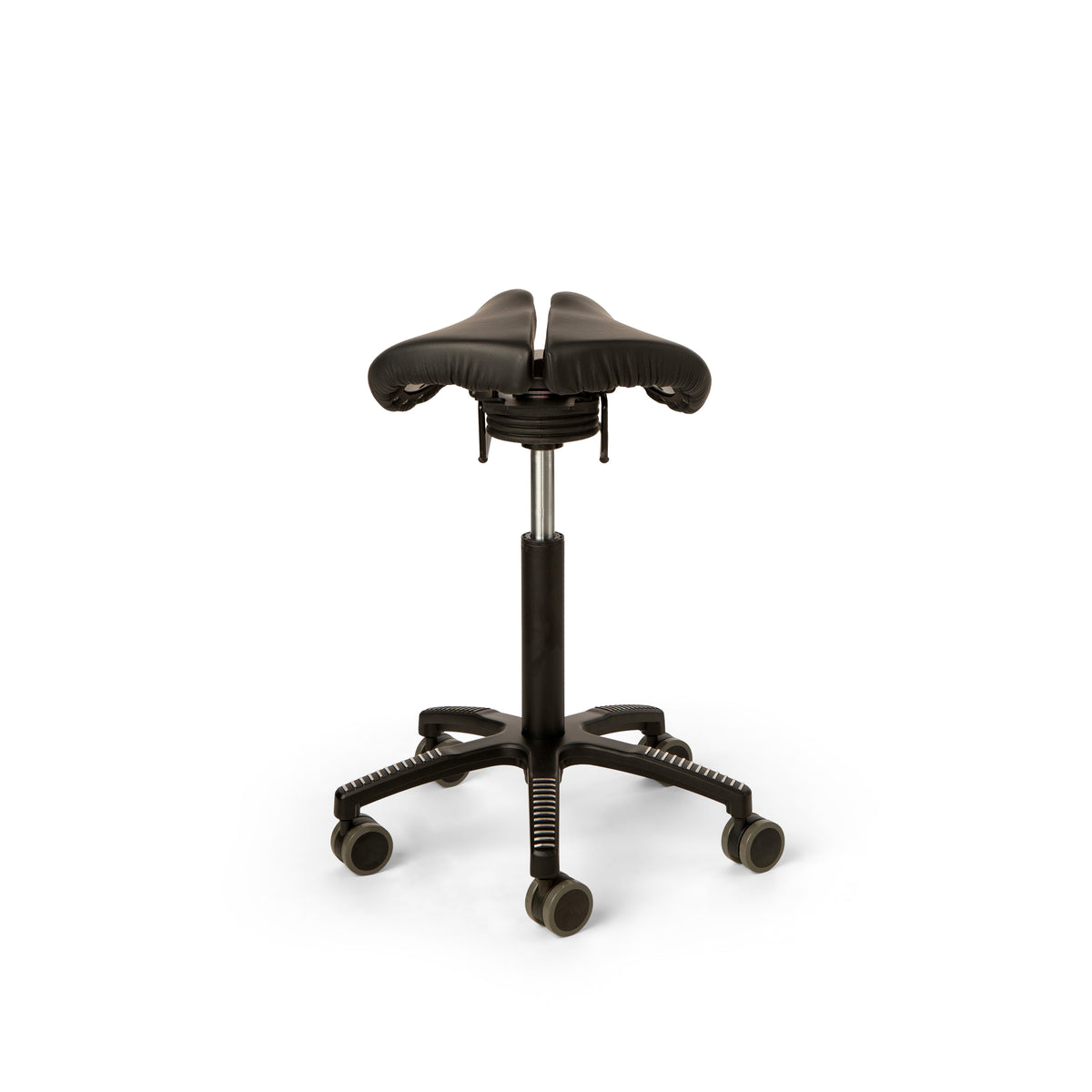 Core Split Swing saddle chair in black leather viewed from the front, showing the split seat