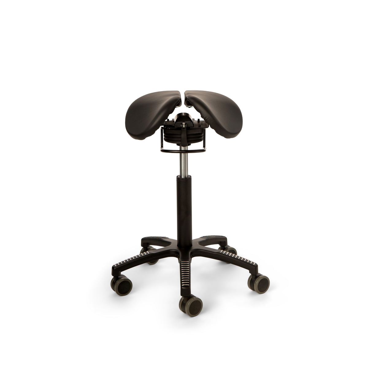 Core Split Swing saddle chair seen from the front, showing the two-part saddle seat