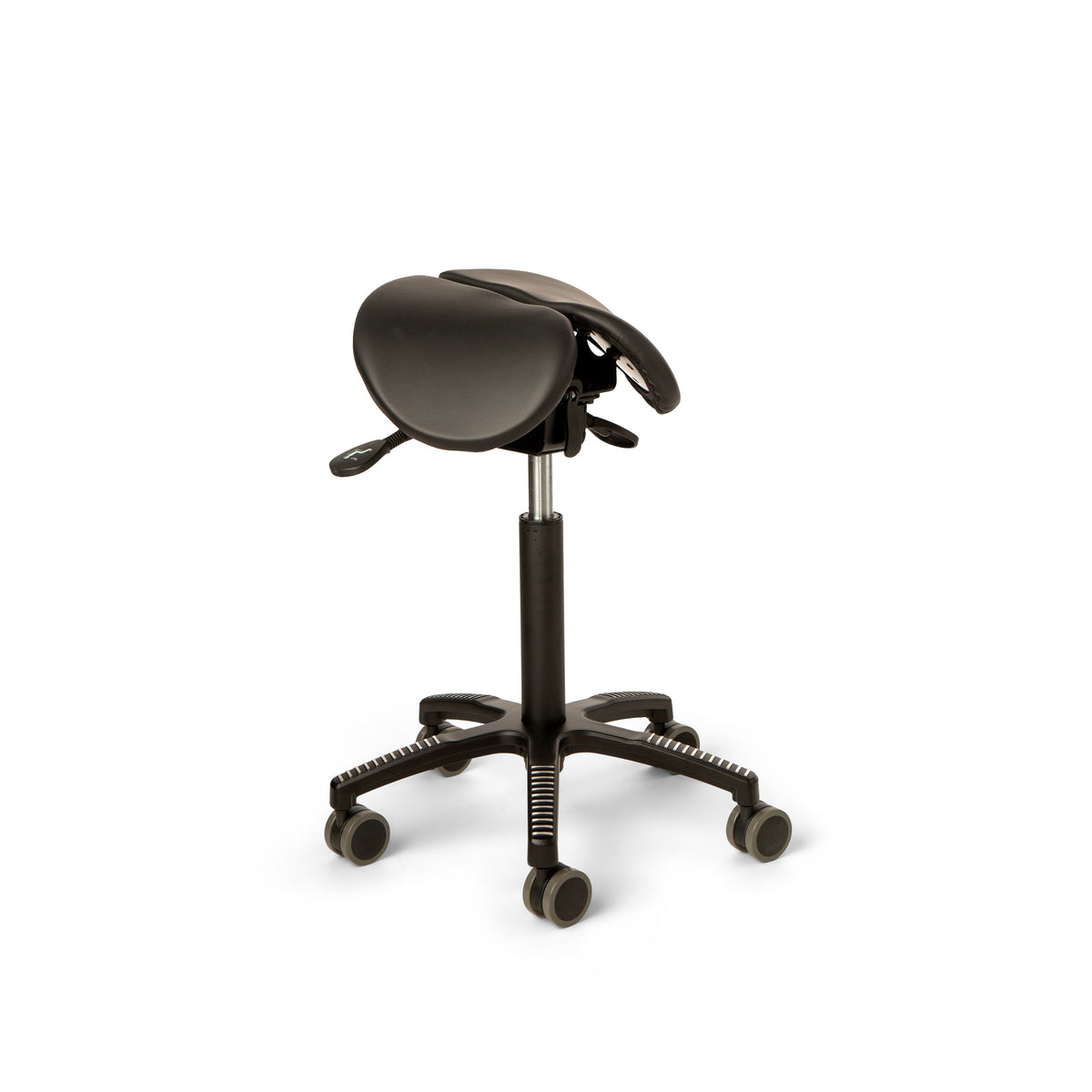 Core Split Tilt saddle chair in black leather viewed from the front, showing the split seat