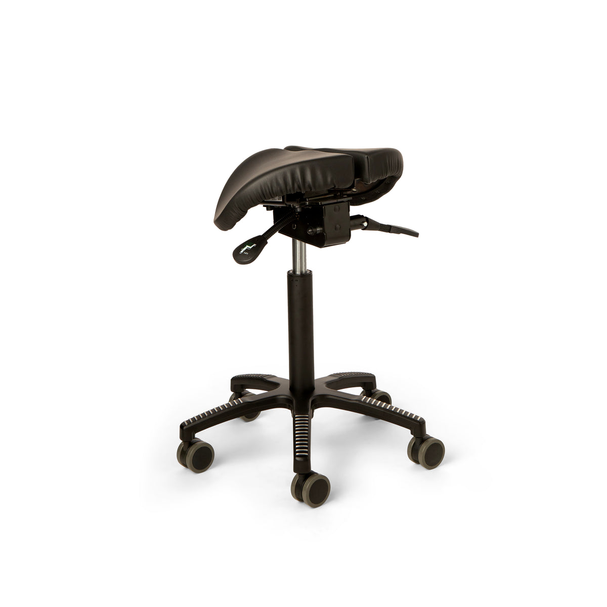 Core Split Tilt saddle chair shown from the front with the split seat halves apart