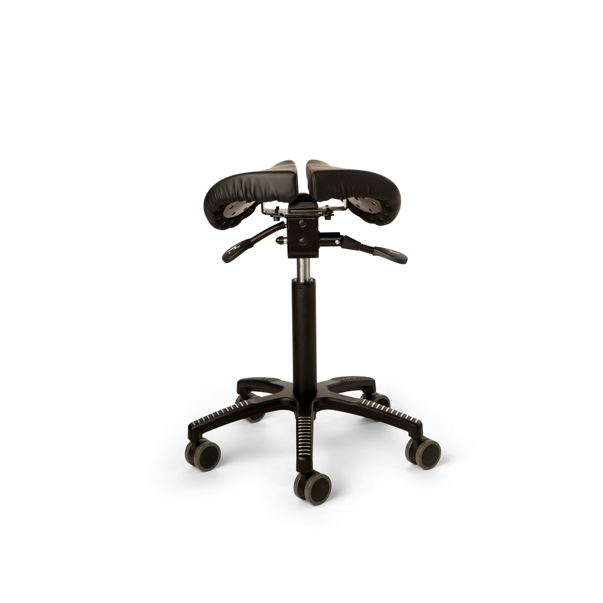 Core Split Tilt saddle chair in black leather viewed from the rear
