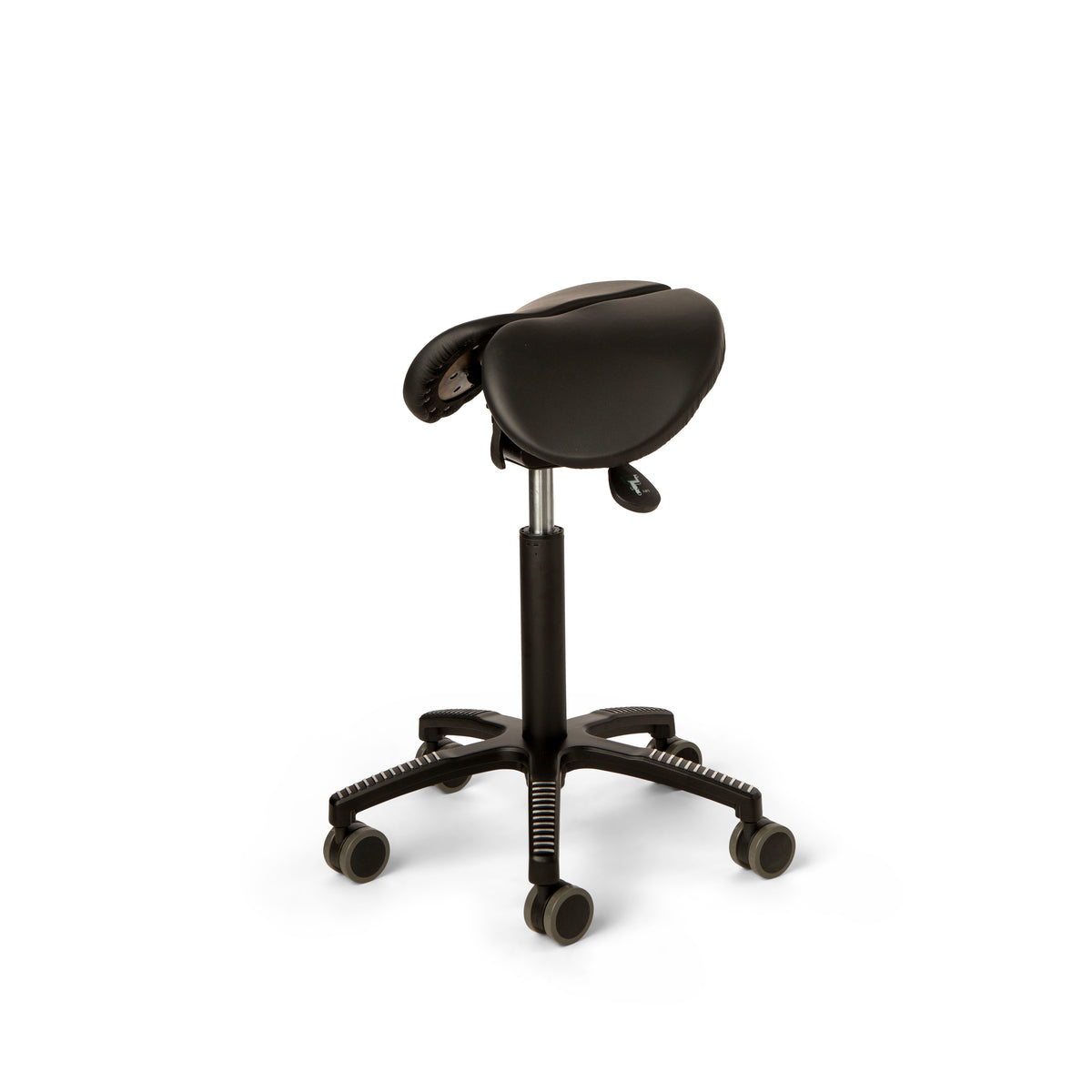 Core Split Tilt saddle chair in black leather at an angle showing the gas lift and base