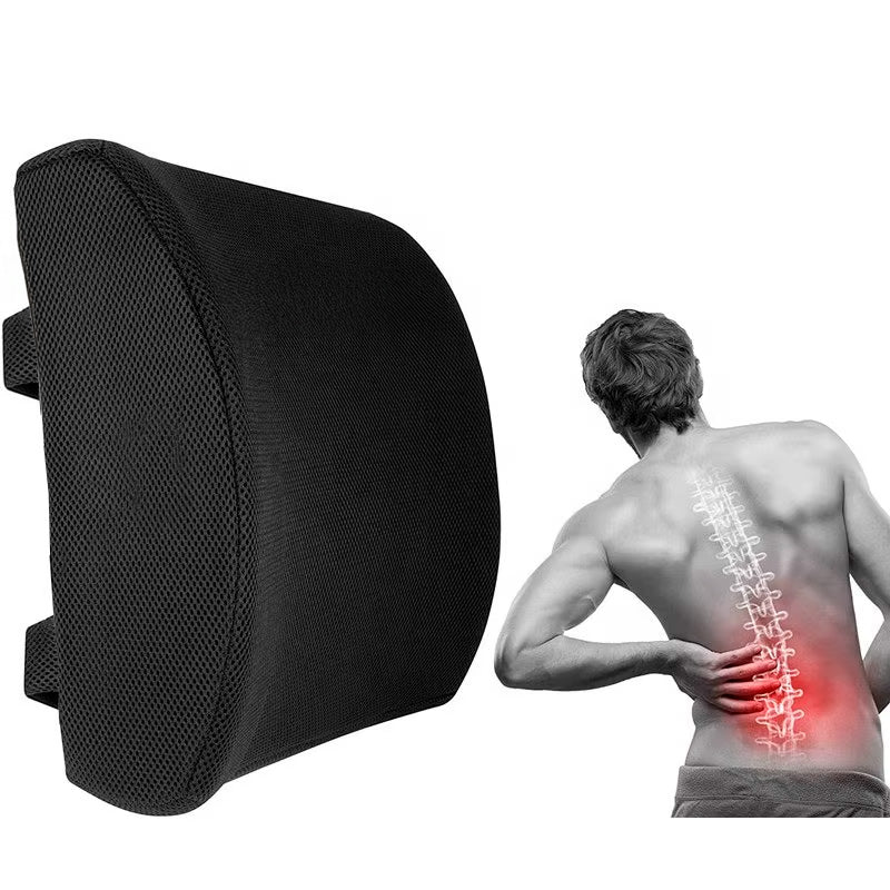 Back support cushion shown beside an illustration highlighting lower back pain
