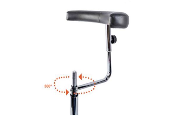 Close-up of the ErgoSupport arm with red arrows showing how the support rotates