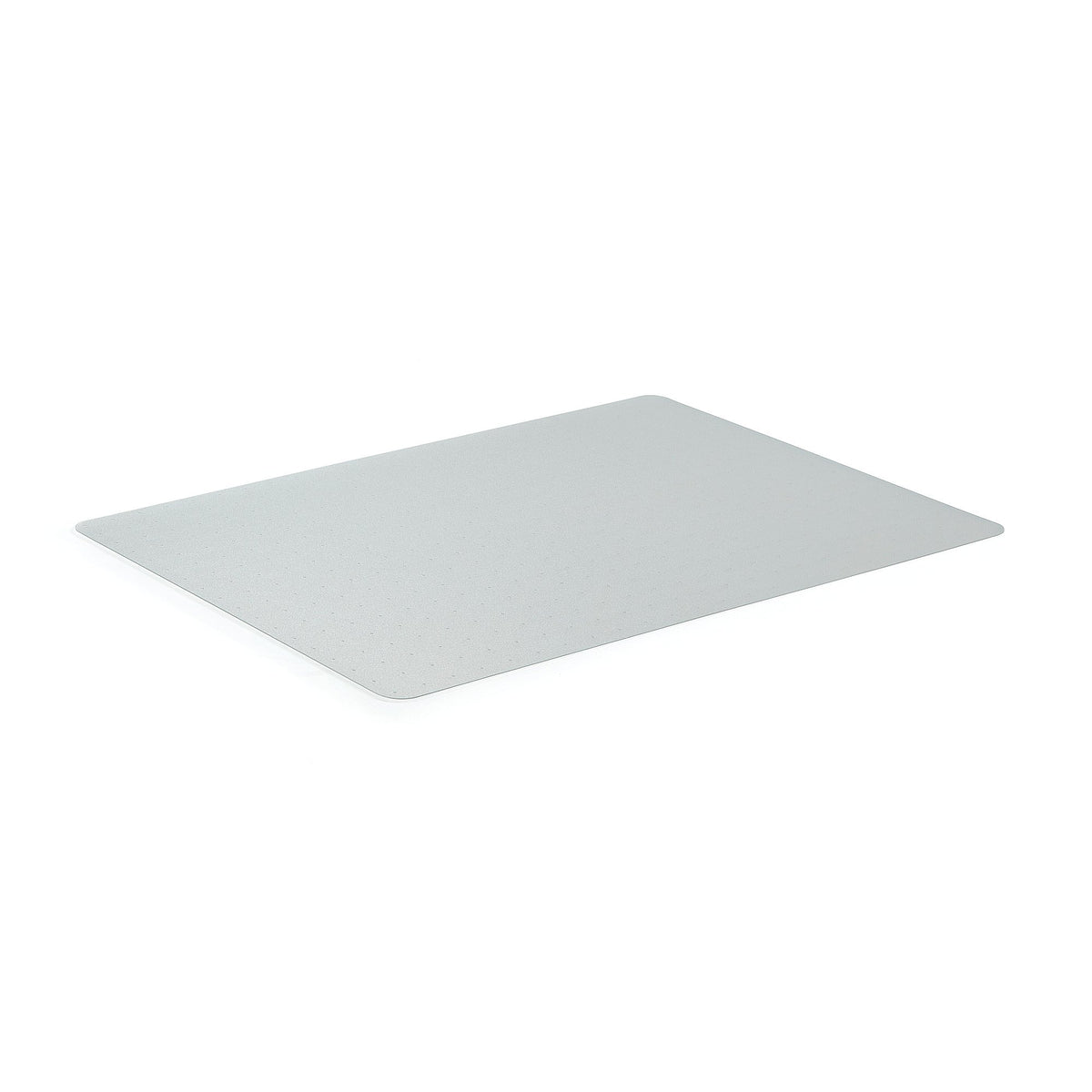Transparent chair mat for soft surfaces with spikes, shown at an angle