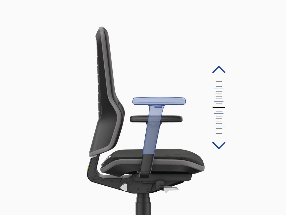 Neon 2 ESD work chair with arrows showing the seat height range