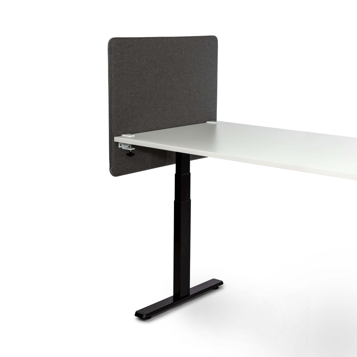 White height-adjustable desk with a grey MUTE acoustic screen, viewed from the end