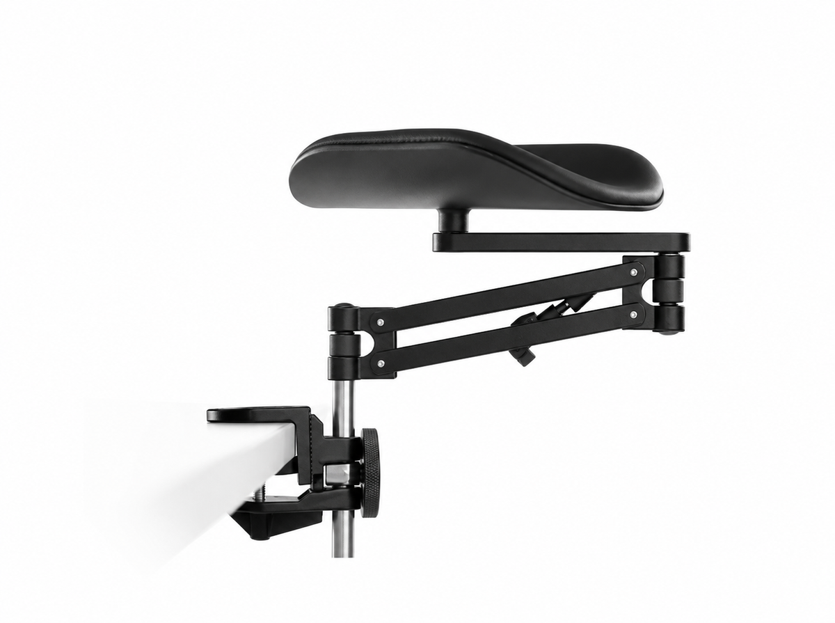 Ergorest 331 black forearm support with long arm pad, extension poles and desk clamp