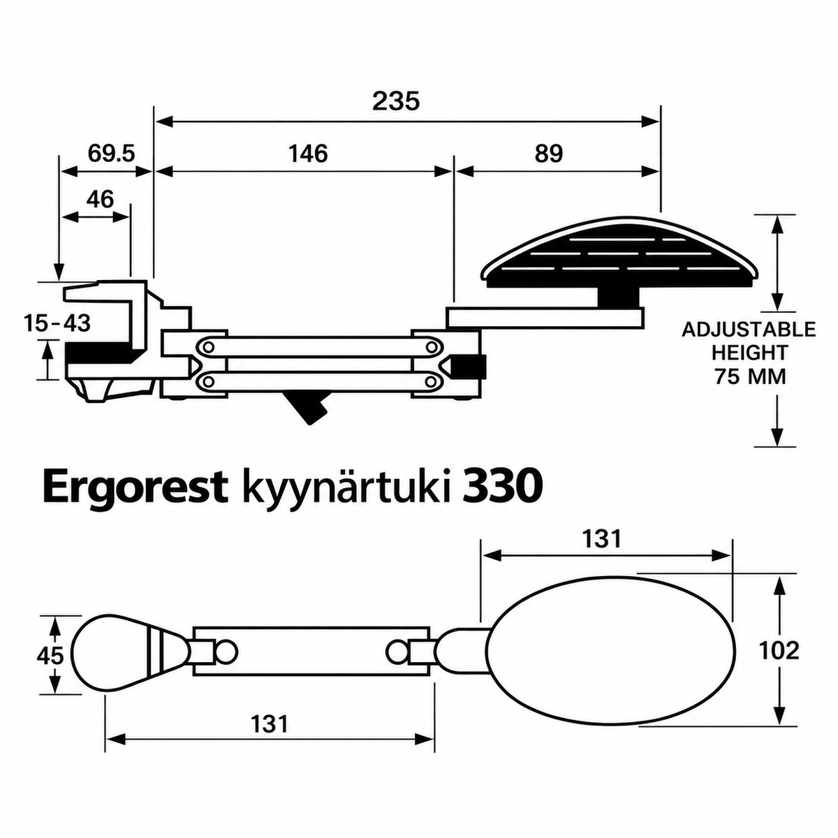 Ergorest kyynärtuki 330, valkoinen