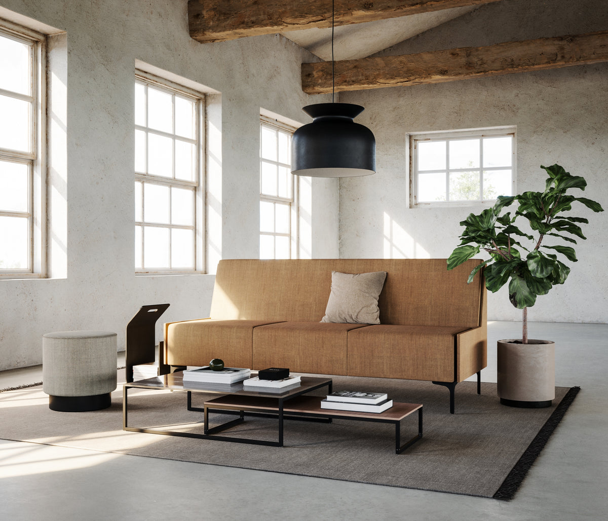 Focus modular sofa three-seater in tan upholstery in a bright loft lounge