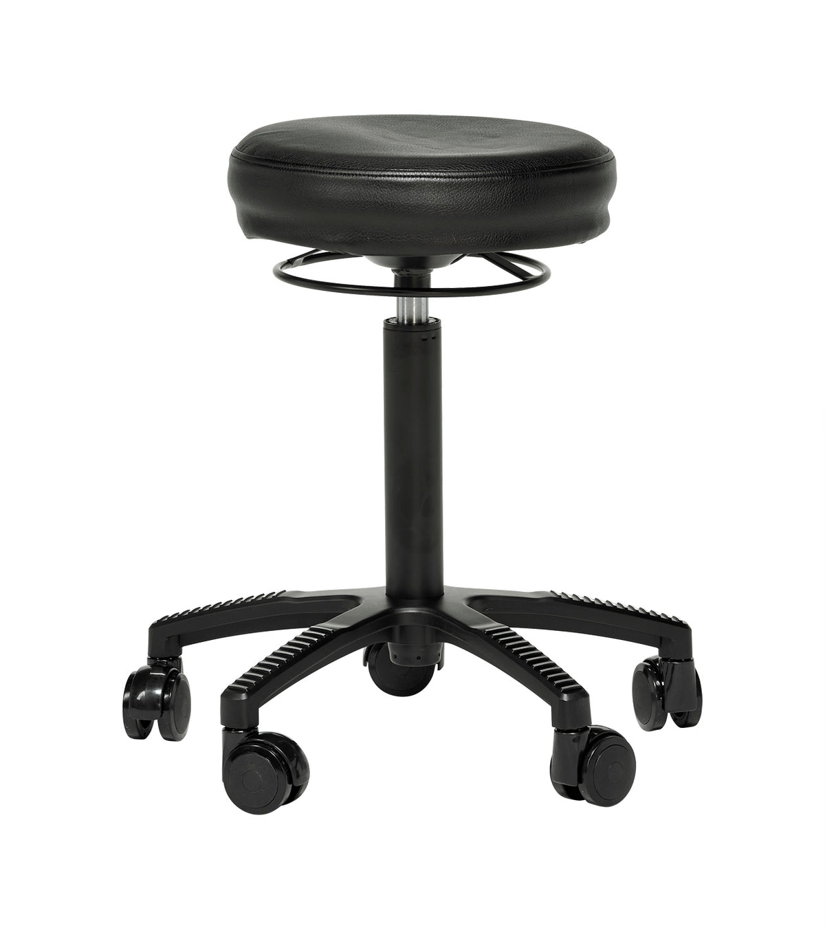 Hanna active chair with round black artificial leather seat on a black five-star castor base