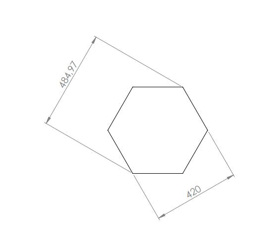 Dimension drawing of the grey hexagonal Focus acoustic panel with edge measurements