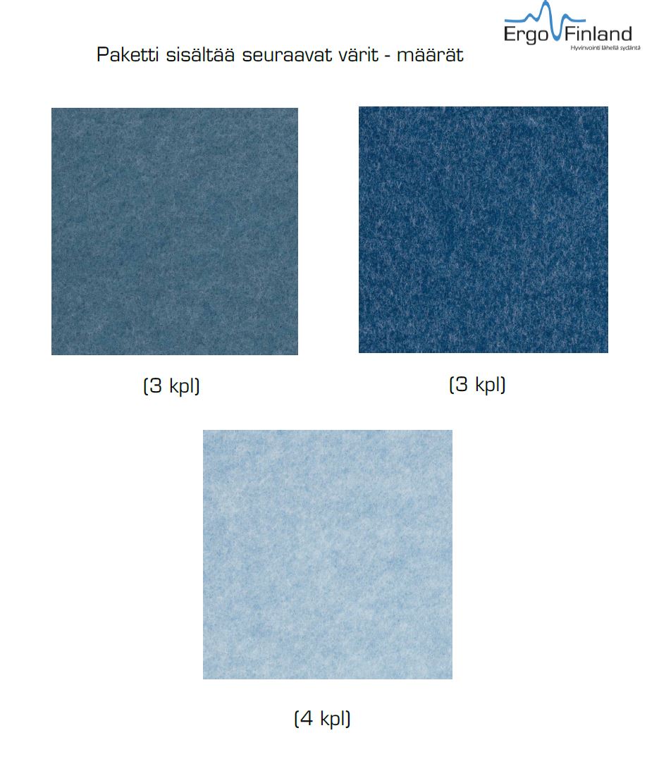 Colour chart showing the blue fabric shades included with Focus Hexagon acoustic panels