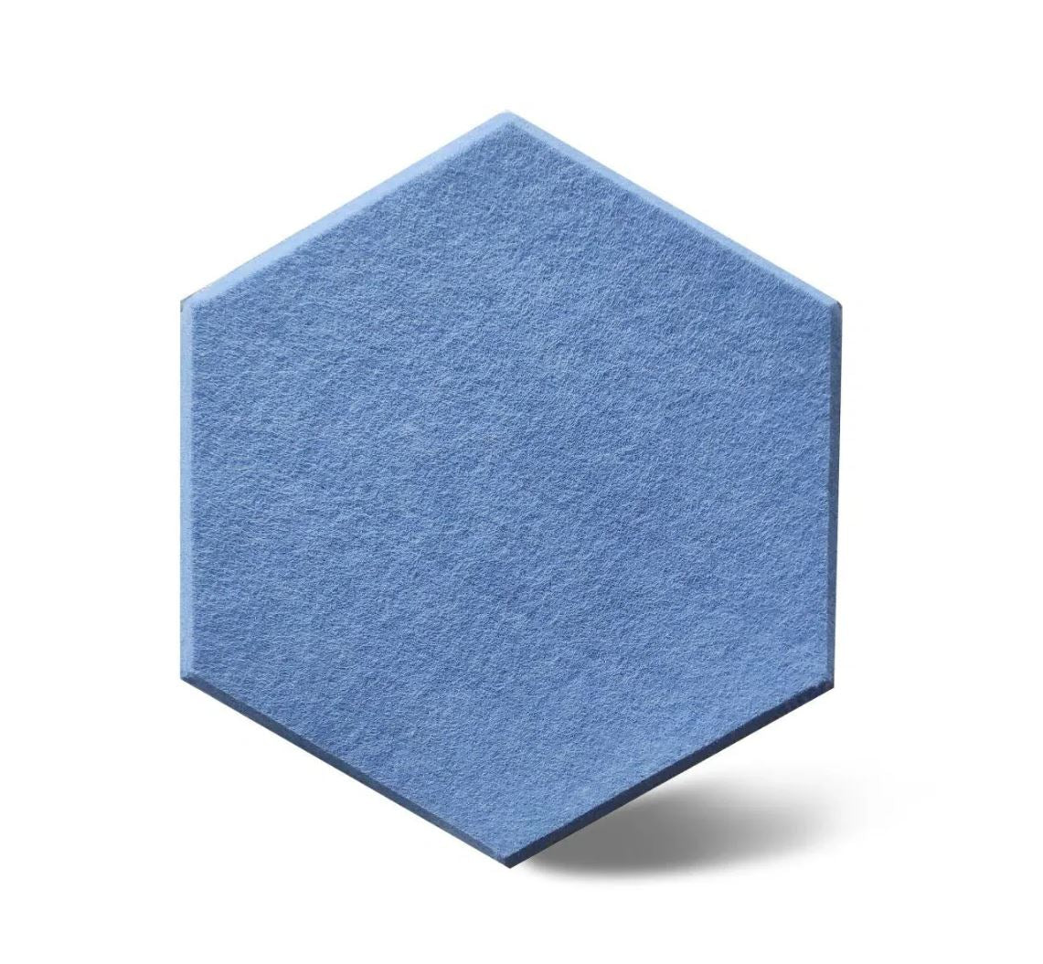 Blue hexagonal Focus acoustic wall panel shown at an angle