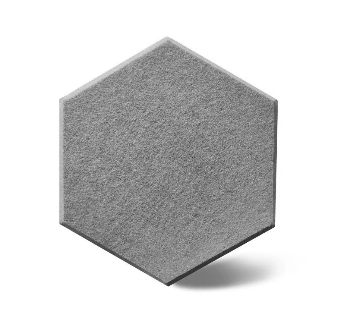 Grey hexagonal Focus acoustic wall panel shown at an angle