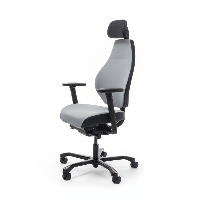 Josefin office chair in grey fabric with headrest, black frame and five-star castor base