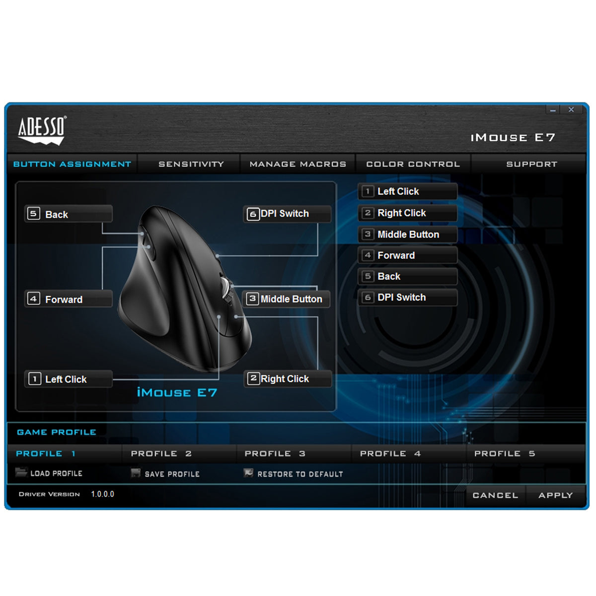 Screenshot of the iMouse E7 configuration software for programming the buttons
