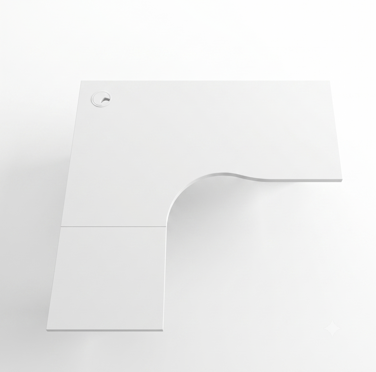 White L-shaped desktop, 1800 x 1800 mm, with rounded inner corner, seen from above