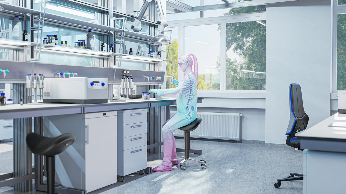 Visualisation of a laboratory interior furnished with black saddle stools