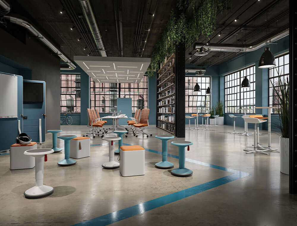 Open-plan office with UPis1 active chairs among hanging plants