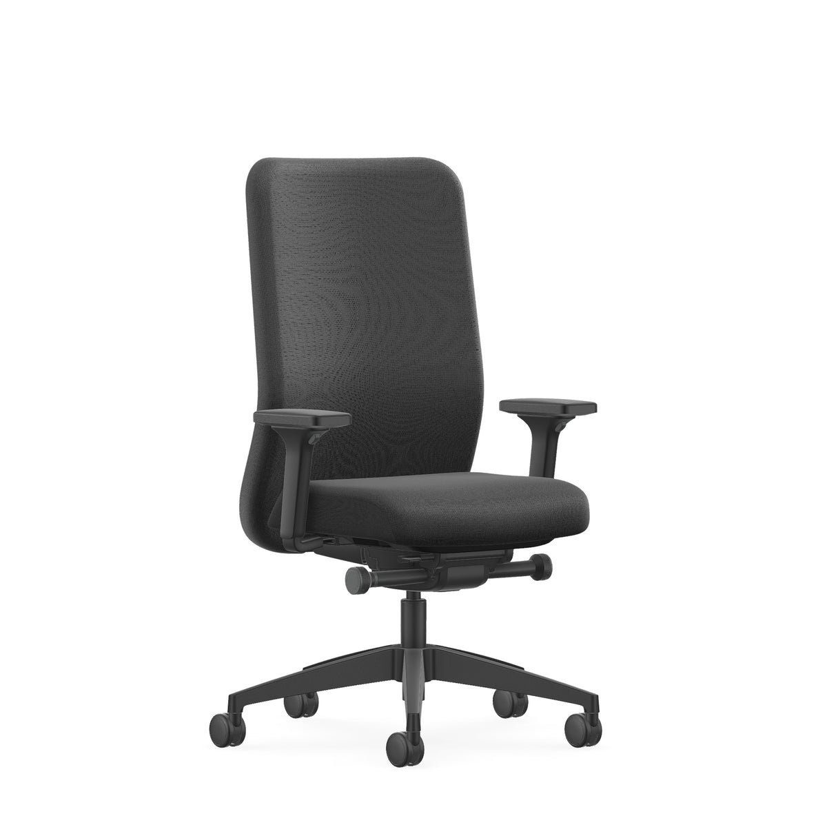 NC160 office chair in dark grey fabric with armrests and a black five-star castor base