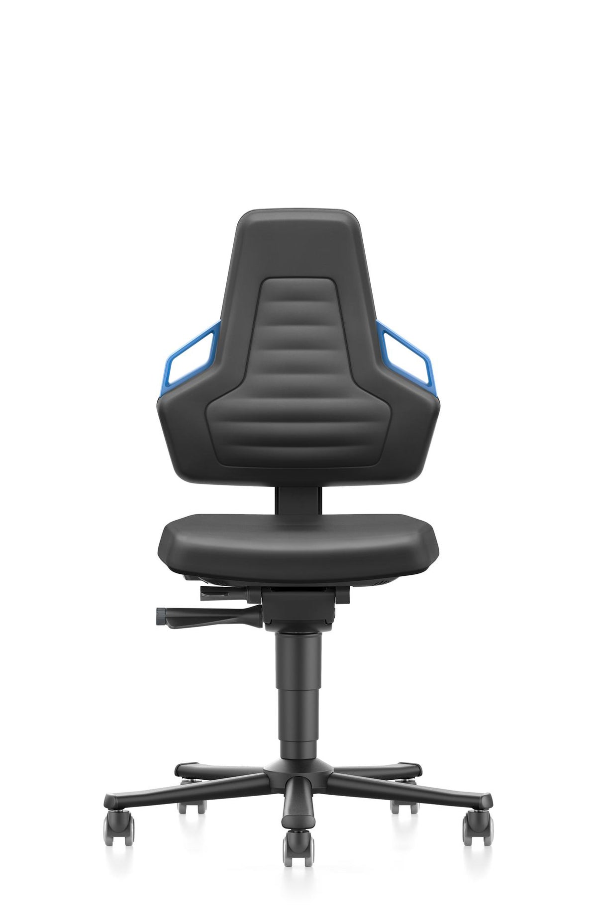 Nexxit work chair in black artificial leather with blue trim on a five-star castor base